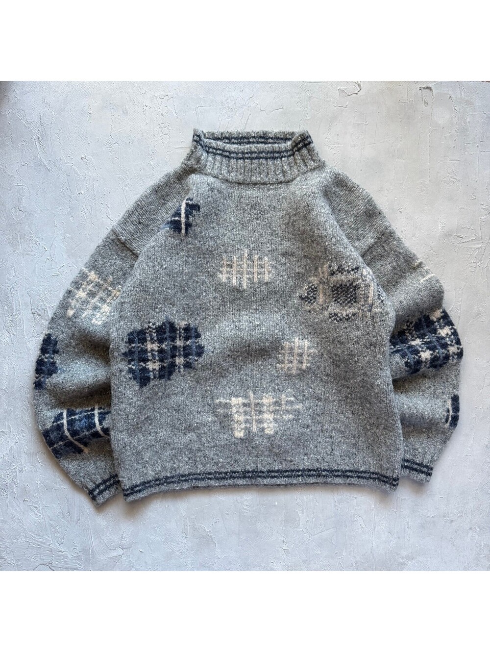 Vintage 1990s Eddie Bauer Mockneck Patchwork Wool Knit Grandpa Sweater S